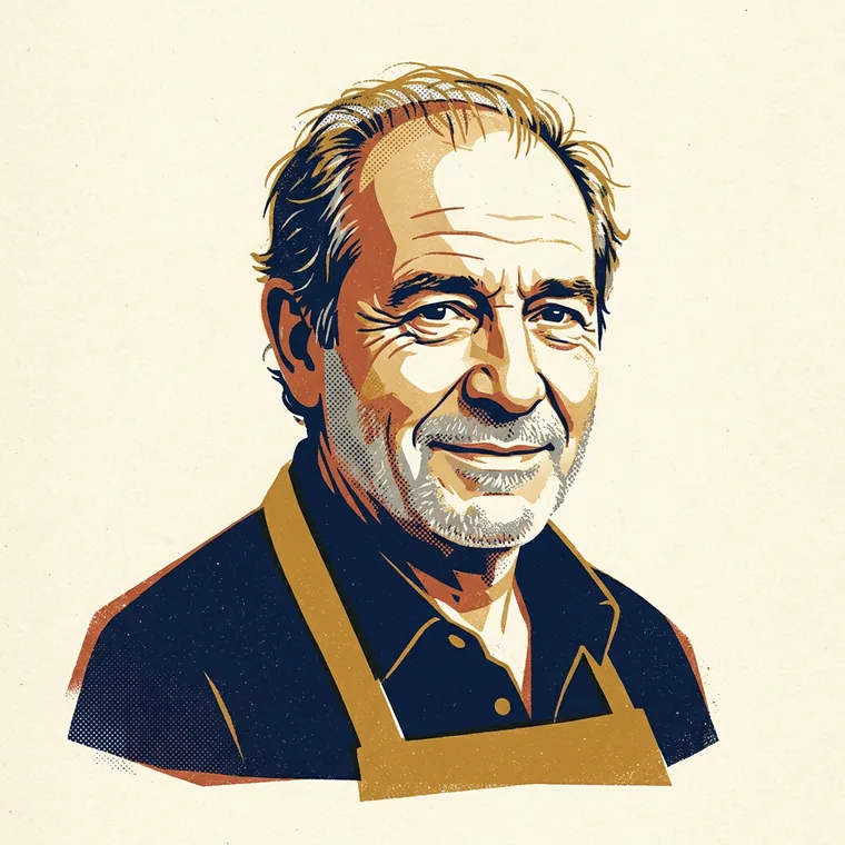 Retrato ilustrado de Pepe, o dono do bar em Lisboa