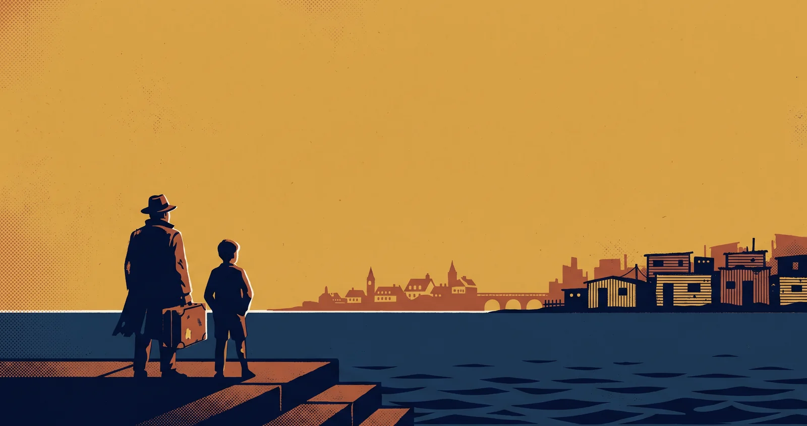 Ilustração: um pai de chapéu, com uma mala na mão, e o filho adolescente ao lado, de costas num cais, olhando o mar. Do outro lado da água, a cidade de telhados de Lisboa se transforma num aglomerado de barracas de chapa.